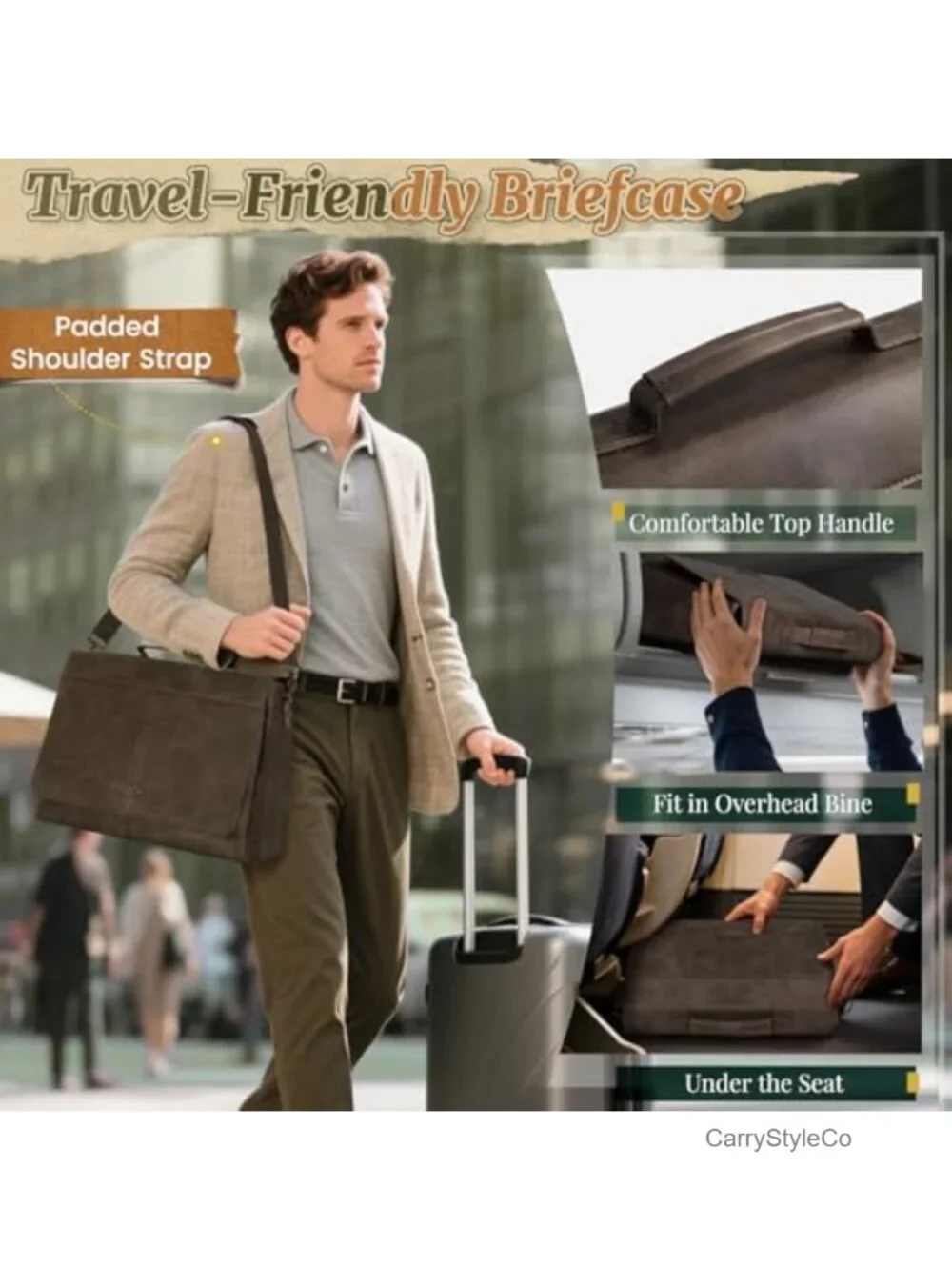 Vintage PU Leather Messenger Bag for Men Laptop Briefcase 15.6 Inch Work Satchel